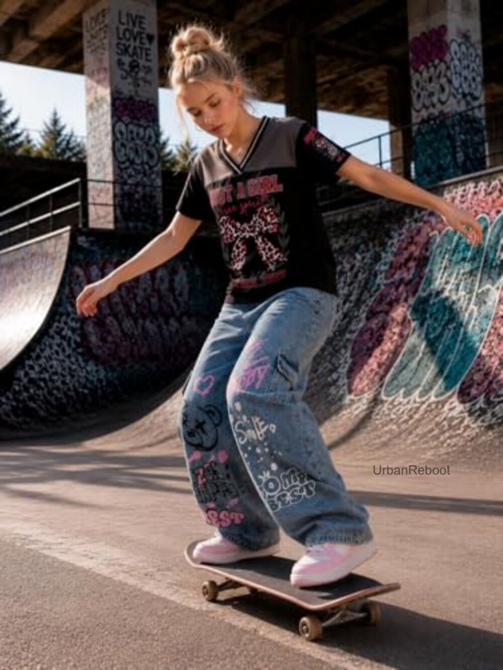 Girls 2 Piece Outfit V Neck Graphic Tee and Wide Leg Denim Jeans Set - Picture 5 of 6